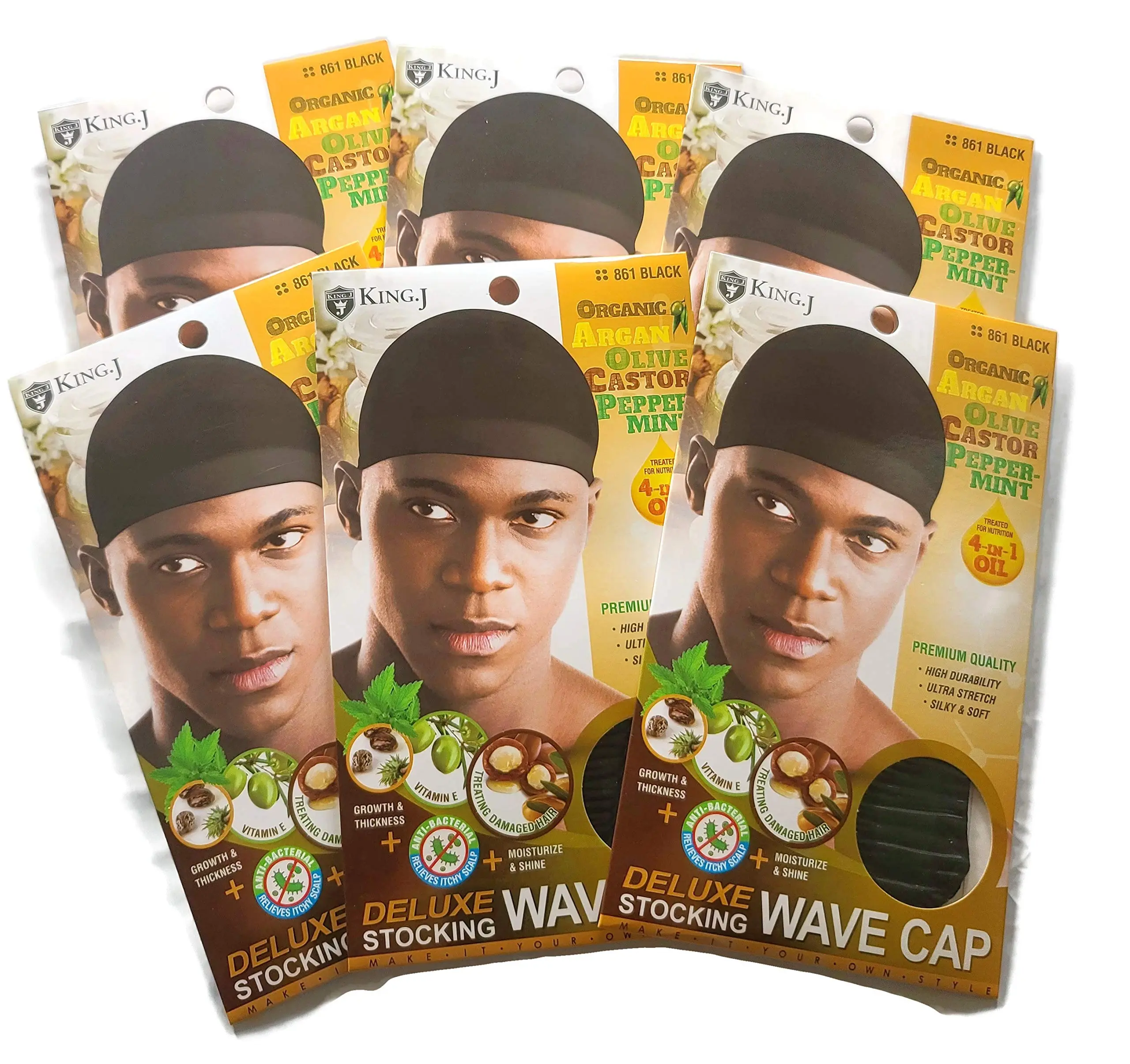Healthy Treated Wave Deluxe Black Wave Cap Stocking for Men, 6-Pack Compression Caps