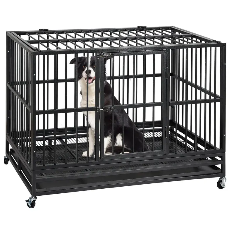 Gaomon Heavy-Duty Steel Crate, 47-in Secure Enclosure for 26-50 lbs Medium Dogs - Lockable Doors Prevents Escapes, Wheels, Removable Tray, Black Indestructible Kennel