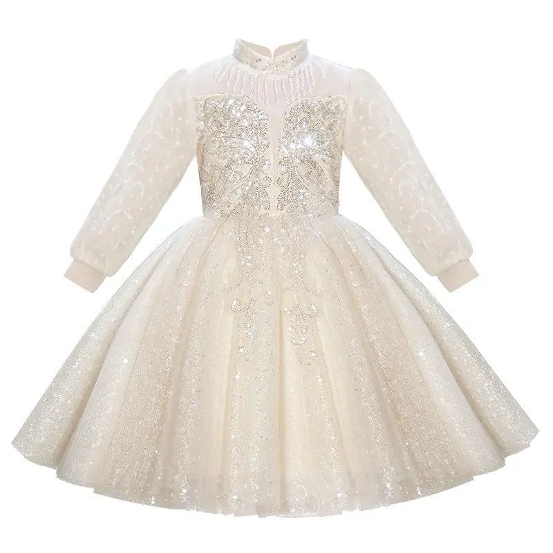 Little Girl Glitter Sequin Dress - Kids' Clothing, Knee-Length Puff-Sleeve Drama Princess Dress with Floral Embroidery, Pearl Neckline, Sequin Sparkle for Photo Occasions