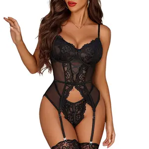 Avidlove Garter Lingerie for Women Floral Lace Bodysuit Bra and Panty Set (Thigh high stockings not included)