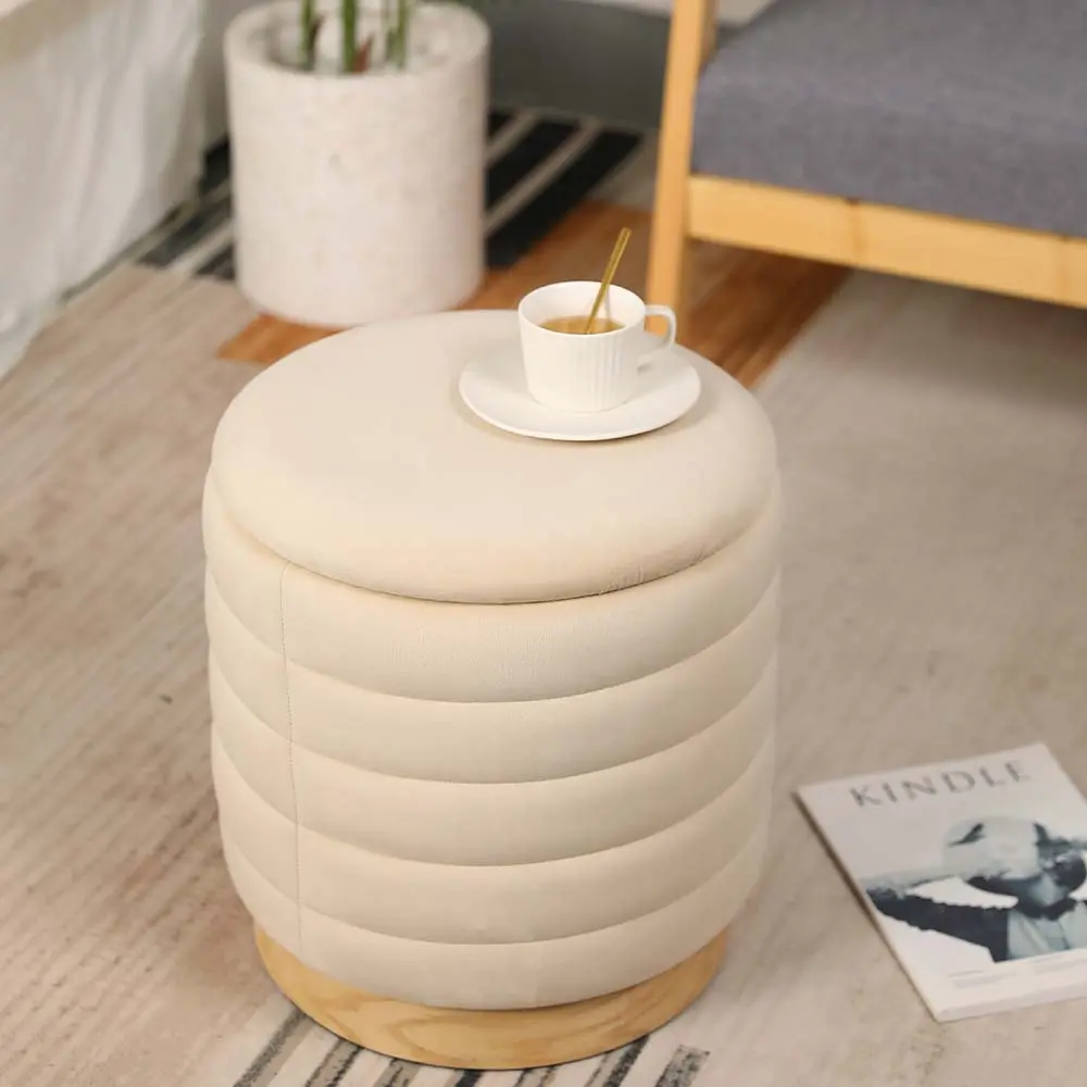 Cream Tall Velvet Storage Ottoman with Hidden Compartment Lid, 16.5" Indoor Furniture Stool for Bedroom Accent, Room Decor & Minimalist Decluttering (4.8 kg)