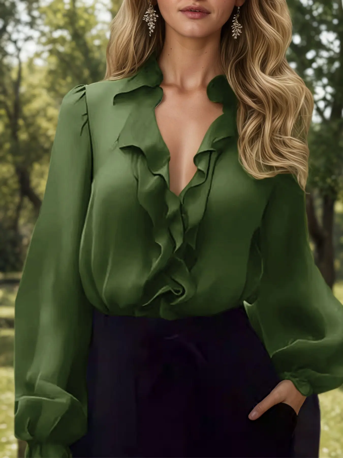 Women's Casual Shirt Blouse Top, Womenswear Ruffled V Neck Ruffle Lantern Sleeve Long Sleeve French Elegant Design, Perfect for Daily, Commuting, All Seasons, Elegance, Vneck, Fit