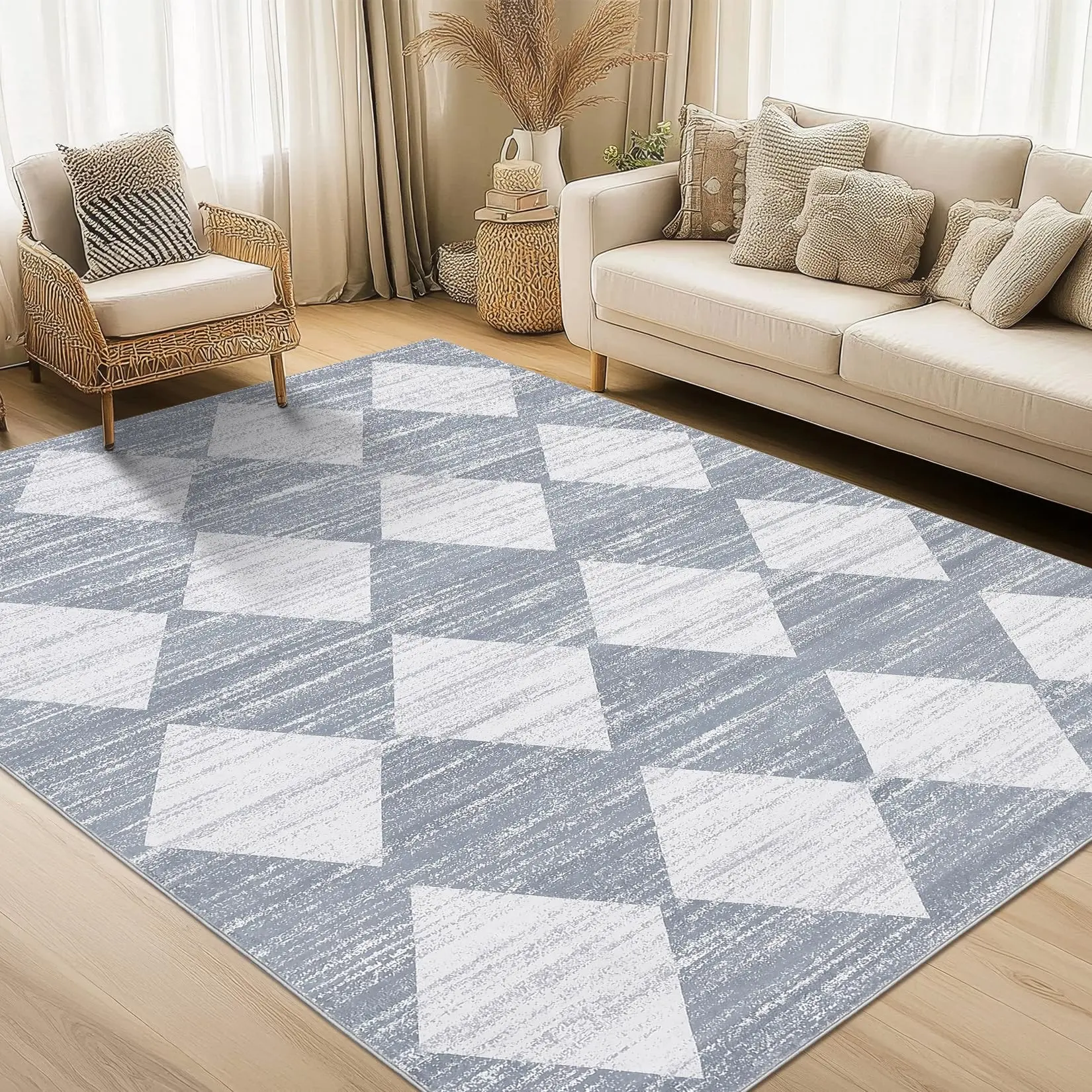 Indoor Checkered Modern Low Pile Area Rug - 5x7 Non-Slip Faux Wool Carpet with TPR Grip Backing, Machine Washable Soft Rug for Living Room, Bedroom, Geometric