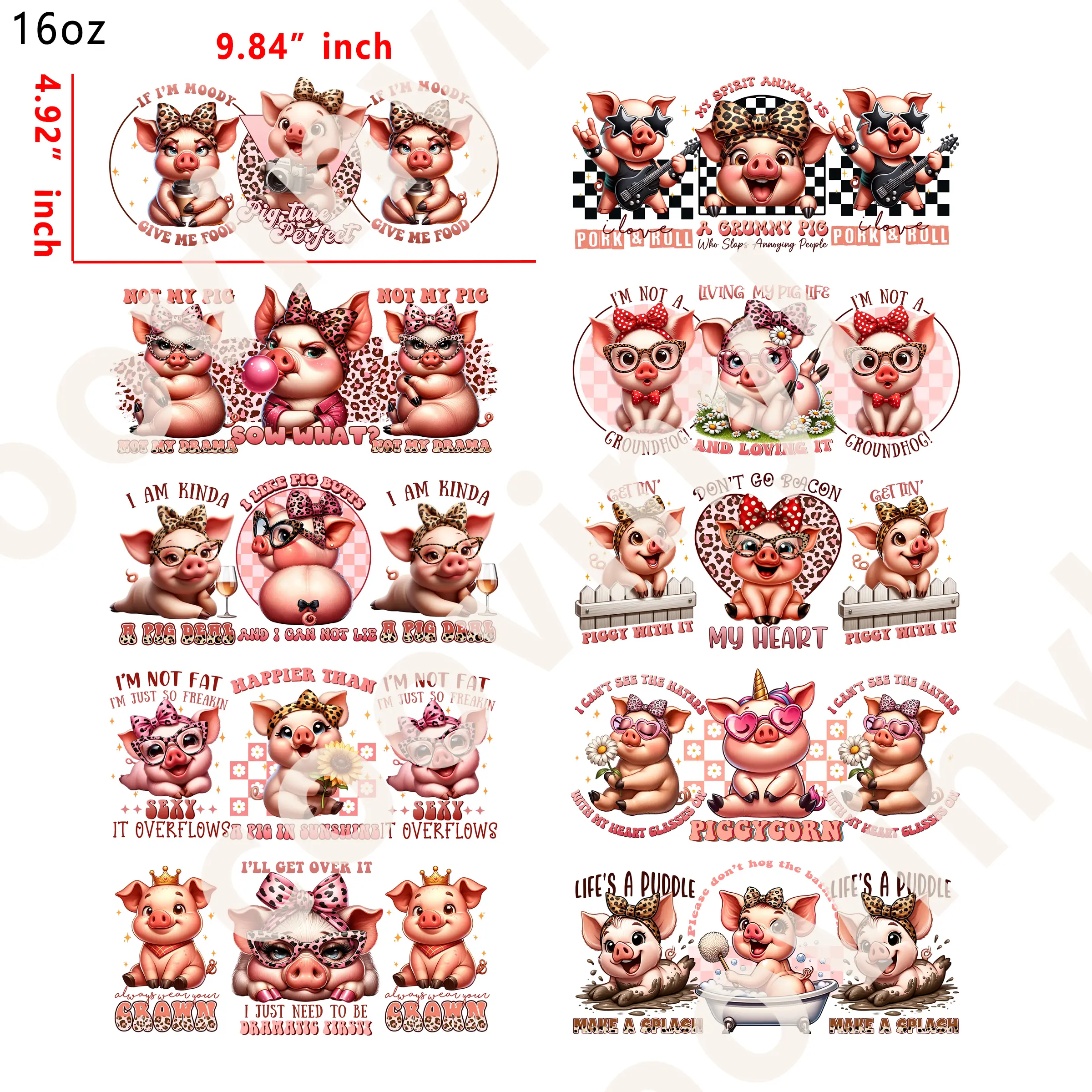 (M85) 10pcs Pig 16OZ Tumbler Cup Wraps, Waterproof Fade-Resistant Decal Stickers, Vivid HD Print with Strong Adhesion, Customizable Transfers for Glass Cups, Mugs & Smooth Surfaces, DIY Art Craft Supplies
