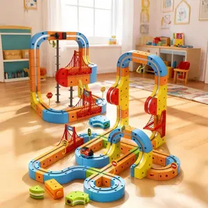 3D Building Block Train Electric Track Set - Kids DIY Assembled Race Track with Bridge | Educational Toy for Toddlers Magnetic Building Blocks Assembly Building Blocks