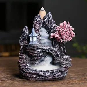 1 count Elegant Resin Incense Burner with Sakura Tree,  Cave Design with Waterfall,Creative High Mountain and Flowing Water Design Incense Burner, 1 Piece Waterfall Design Backflow Incense Holder, Decorative Incense Burner for Home, Calming Home Fragrance