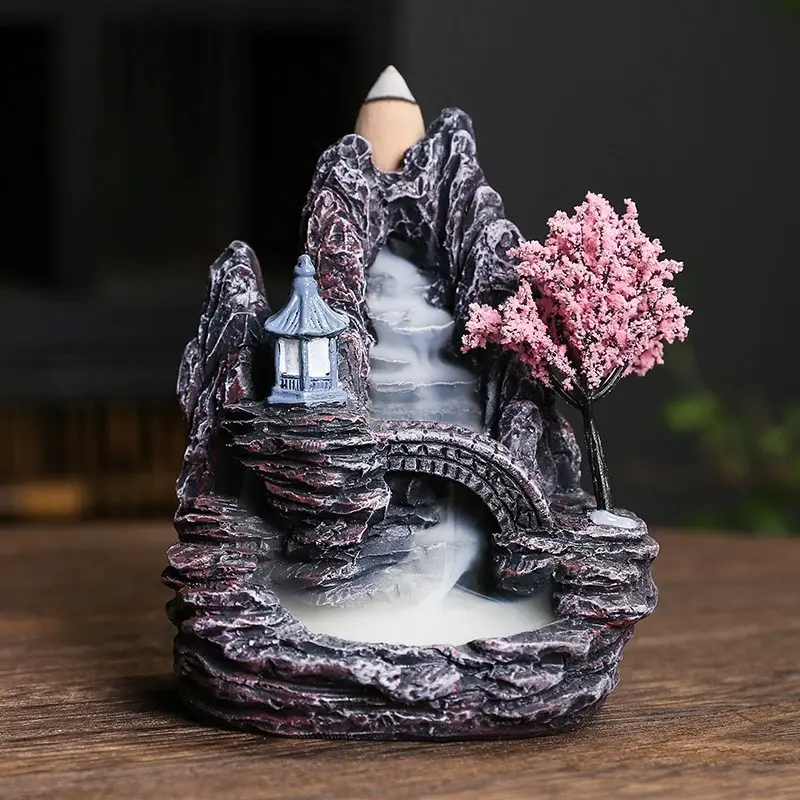 1 count Elegant Resin Incense Burner with Sakura Tree,  Cave Design with Waterfall,Creative High Mountain and Flowing Water Design Incense Burner, 1 Piece Waterfall Design Backflow Incense Holder, Decorative Incense Burner for Home, Calming Home Fragrance