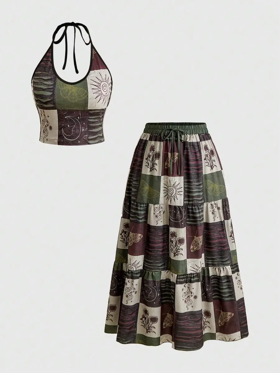 ELIEEN Plus Size Hippie Vintage Boho Sun & Moon Astrology Print Spaghetti Strap Strap & A-Line Maxi Skirt 2-Piece Set