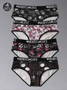 Women's Skull & Rose Print Panty, Soft Comfy Breathable Knicker for Daily Wear, Women's Underwear for All Seasons, Stretchy Panty