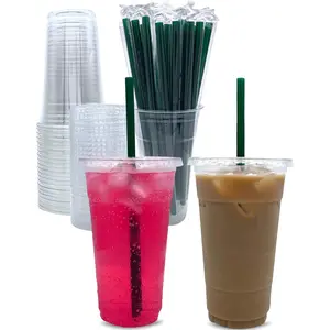 [50 Sets] 24 oz Clear Plastic Cups with Lids and STRAWS, Disposable Party Cups for To Go Iced Coffee Cold Drinks, Smoothie, Juice, Parfait, Frappuccino, Milkshake. No Leaking Fruit Cup