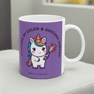Powered by Color & Unicorn Dreams Illustration Mug | Ceramic Coffee Cup, 11oz - PURPLE