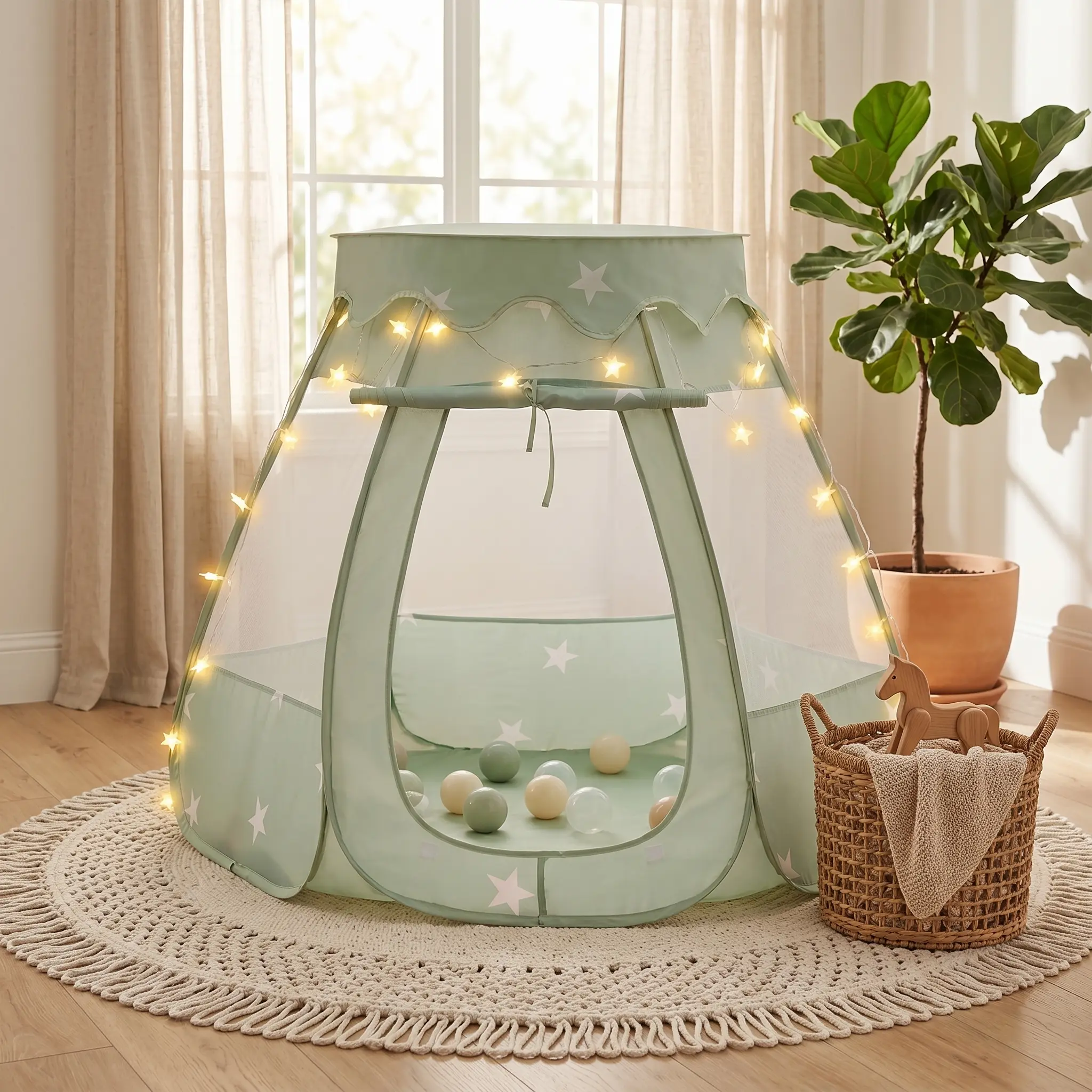 Apojungle Kids Pop-Up Tent with Star Lights – Mint Green Ball Pit Tent, 360° Breathable Mesh, Easy Setup & Foldable.Spacious Mint Green Play Tent for Toddlers –  Quick-Fold Design for Home & Travel