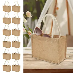 Burlap 12Counts Tote Bags with Handles - Mini Beach Tote Bag, Reusable, Multipurpose Hand Bags for Shopping, School, and Outdoor Use