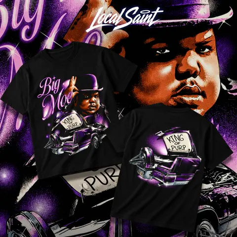 LOCALSAINT Big Moe King Of Purp Heavy Cotton Unisex Graphic T-Shirt Hoodie Houston Rap Texas Screwed Up Click DJ Screw 713 Crewneck Tee, Vintage Streetwear Graphic T-Shirt Direct To Garment Breathable Print