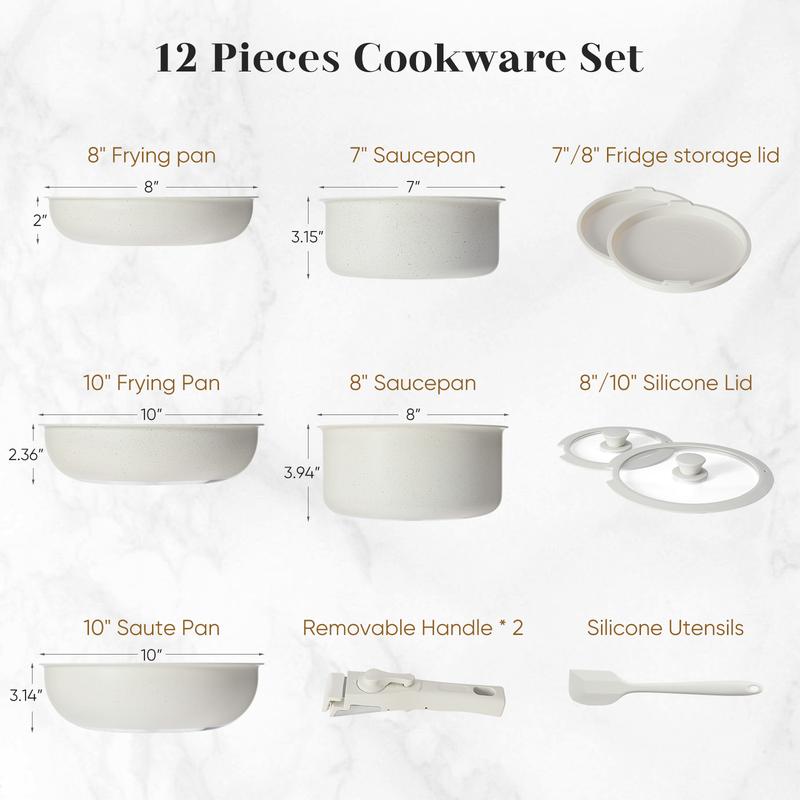 SweetFurniture 12 Pcs Pots and Pans Set Nonstick - Kitchen Cookware Set with Detachable Handle, Induction Cookware, Dishwasher Oven Safe