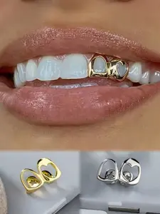 2pcs Dual Tooth Grillz with Complex Heart Pattern, Millennium Hip-Hop Minimalist Style Unisex Dental Jewelry for Daily Gatherings Halloween Christmas Parties Tooth Gems