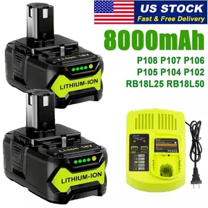 2Pack 8.0Ah Repacement for Ryobi 18V Battery with P117B Charger Compatible with Ryobi Battery 18V P102 P103 P104 P105 P107 P108 P109 Battery & Charger Kit