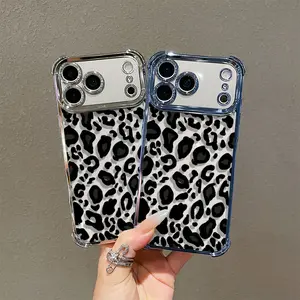 Black Retro Leopard Print Electroplated TPU Cellphone Case - 4-Corner Airbag Shockproof Protector for iPhone 11/12/13/14/15/16/17 Pro Max, Transparent Stylish Mobile Phone Accessory