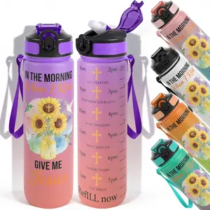 1pc,32oz Water Bottle In The Morning When I Rise Sunflower Jesus Christian Gift Design Durable  Leak-Proof 1000ml Time Marker Water Bottle - Shatter-Resistant for Sports, Fitness, Hiking & Outdo