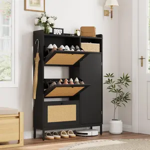 Rattan Shoe Cabinet with 3 Flip Drawers and Metal Legs for Entryway and Hallway, Available in Multiple Colors: Black, Natural, Rustic Brown, and White. Freestanding, Narrow Design, Easy to Assemble. Furniture Home
