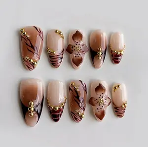 3D Flower Press On Nails: French Style, Handmade Faux Acrylic