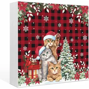 Wood Box Sign Desk Decor Christmas Cartoon Cat Square Boxes Sign, Winter Snowflake Tree Flower Checkered Wooden Block Box Sign Decoration for Home Wall Tabletop Shelf Office Decor, 5x5 inch