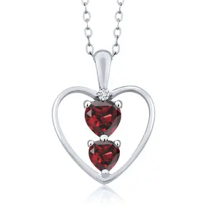 Gem Stone King 925 Sterling Silver Red Garnet and White Lab Grown Diamond Pendant Necklace For Women (0.94 Cttw, Gemstone January Birthstone, Heart 5MM and 4MM, with 18 Inch Silver Chain)