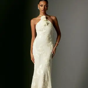 BellaBarnett Griselda Flower Halter Embroidery Maxi Dress - White