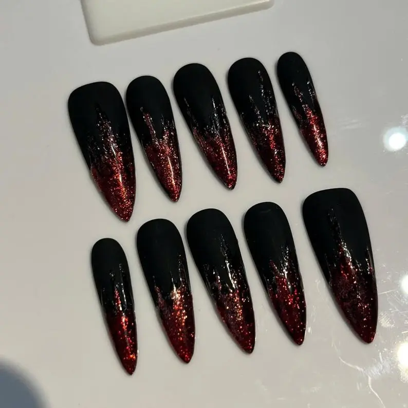 Red Black Ombre Press On Nails – Vampire Blood Glitter Halloween Nails | Long Stiletto Gothic Fake Nails | Reusable Glue On Set