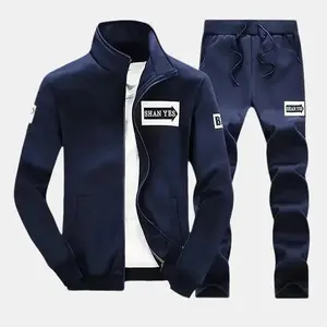 Men’s navy blue spring and autumn sportswear set with a printed zip-up jacket and jogger pants, made from 100% polyester fiber, medium size
