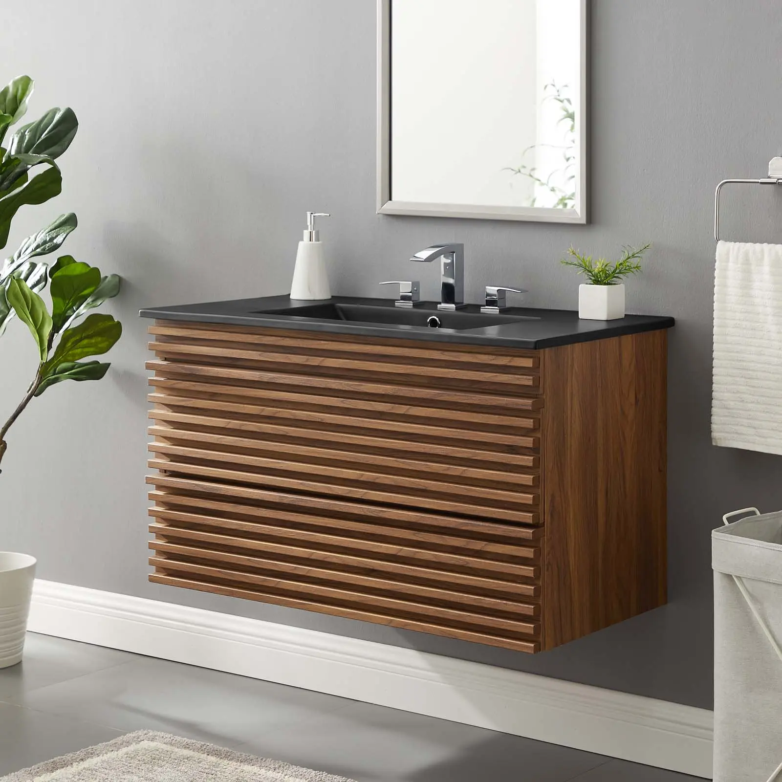 Modway Render 36" Retro Wall-Mount Bathroom Vanity - Walnut Black Home Improvement Furniture with Wall Standing Vanity Cabinet, Ceramic Basin Top, Storage Cabinets, Assembly Required for Interior Use
