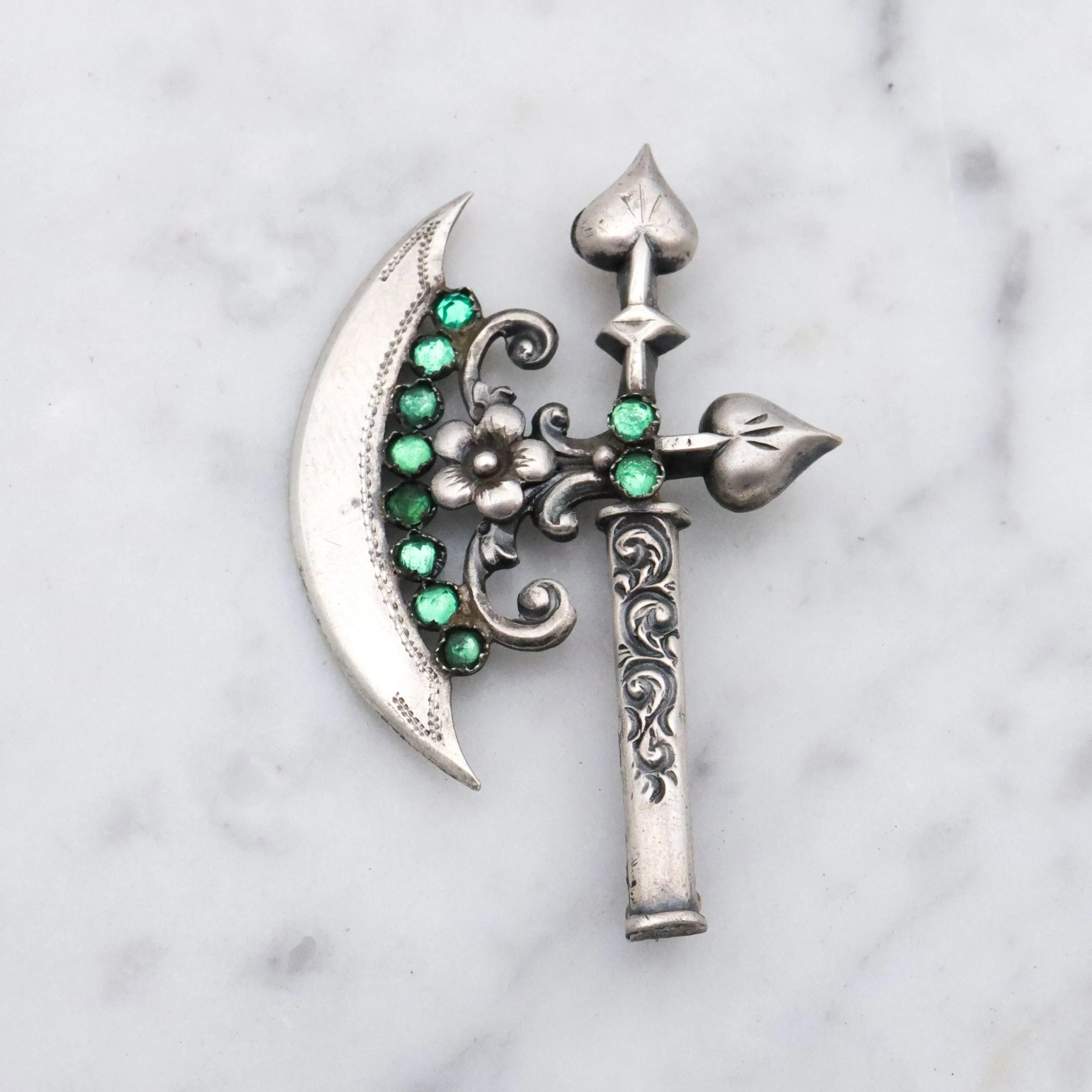 Rare Antique Victorian sterling fancy battle axe brooch with emerald paste gems