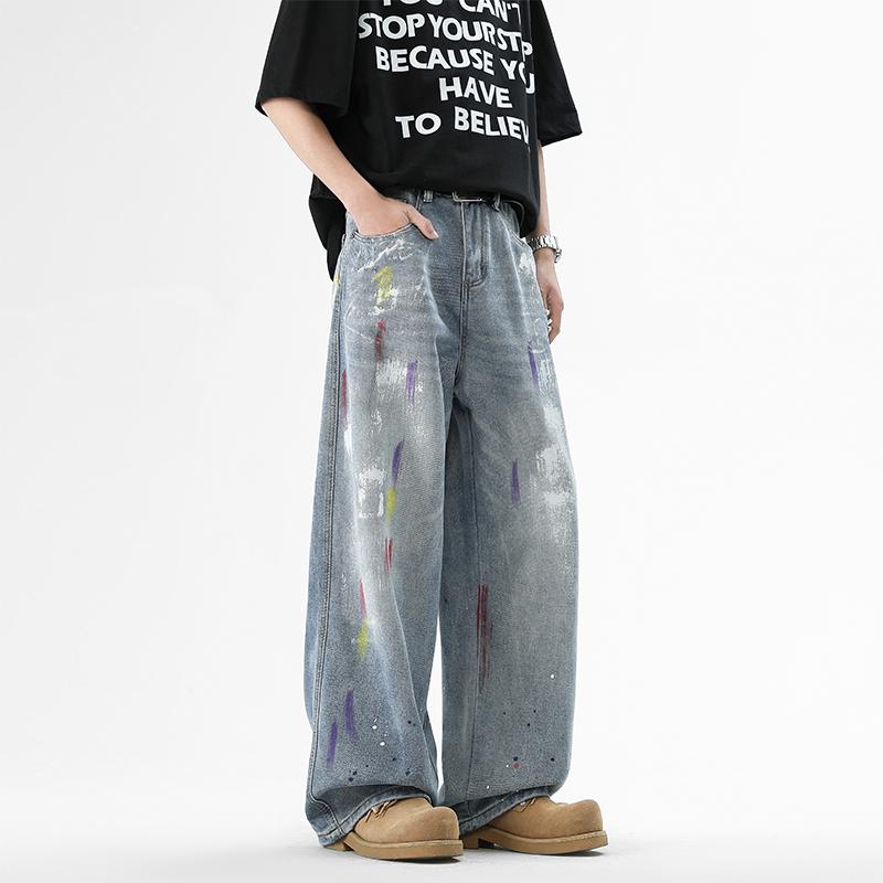 High Street New Trendy Brand Ripped Printed Jeans, Men's Washed Vintage High Street Long Pants for Spring and Fall, Loose Casual Versatile Straight Leg Pants, Niche Design Graffiti Splash Straight Mid-Rise Jeans, Wide Leg Trousers, Men's Jeans, Men's Bott
