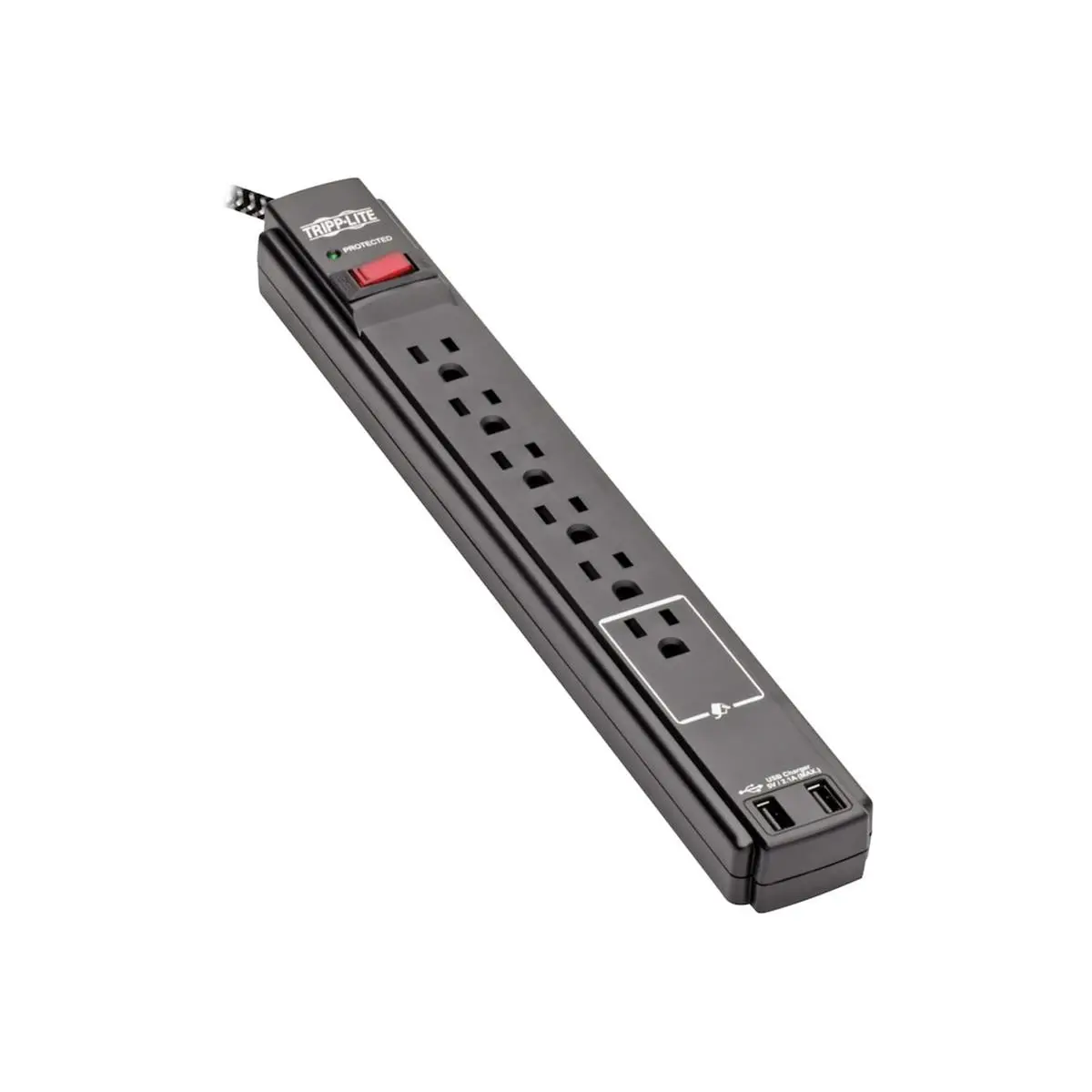 212 MAIN Tripp Lite Safe-IT 6-Outlet Surge Protector, 10ft Cord, 2 USB Ports, Noise Protection, Mobile Devices Charging, Ideal for Plug-in Electronics, Black