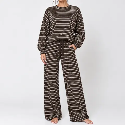 Women Striped 2‑Piece Outfit Set Fall Winter Loose Long Sleeve Crew Neck Top Elastic Waist Wide Leg Pants Loungewear Set Casual Home Sleepwear Going‑Out Tracksuit