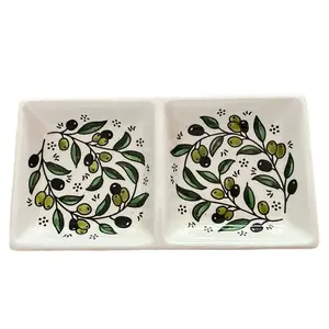 10x15 cm Snack Plate with Olive Branch Glazed Design Square Ceramic Serving   Plate for Snacks and Tiles Green Leaf Pattern. Aesthetic Dishwasher Safe Tableware Snackplate Dinner Set Dinnerware Natural Touch