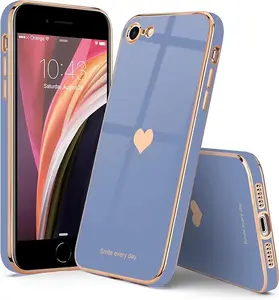 for iPhone SE 2022, SE 2020, iPhone 7 Case, iPhone 8 Case Phone Case for Women Girl Cute Love-Heart Luxury Bling Plating Soft Back Cover Camera Protection Bumper Silicone Shockproof Case