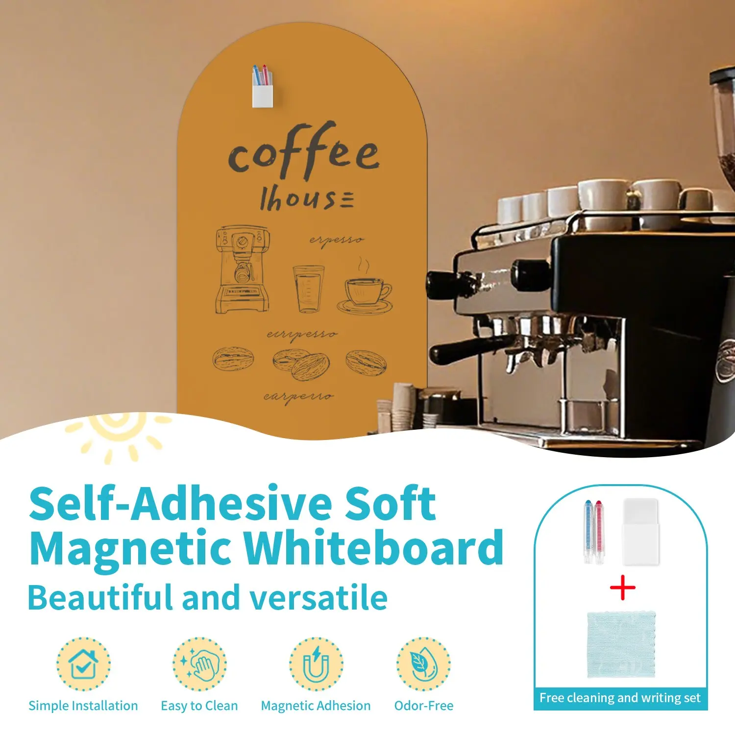 Detachable Soft Magnetic Whiteboard, Writing Board, Arched Design, Adhesive Backing, Includes Storage Box, Crayons & Cloth, 50x90cm/40x80cm, Kids & Office Use