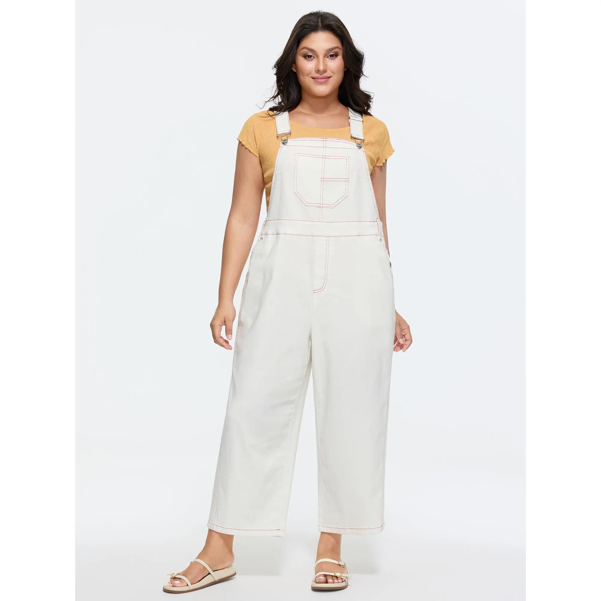 BloomChic Women's Plus Size Breathable Cotton Jumpsuit, Smooth Playful Solid Overall with Pockets and Adjustable Straps, Comfy, Garment, Everyday, Basic, Simple, Women's Clothes, Plus Size Clothes, Button Front, Flattering Curves, Casual, Sleeveless, Soft