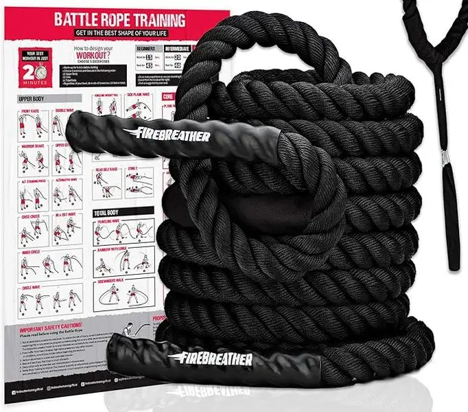 Pro Battle Ropes with Anchor Strap Kit and Exercise Poster Strength Training 1.5in x 30ft