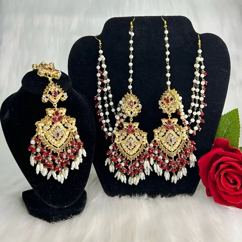 Desi Bollywood Gold Tone Earrings with Ear Chain & Saharas with Tikka Set - Elegant Jewelry for Special Occasions