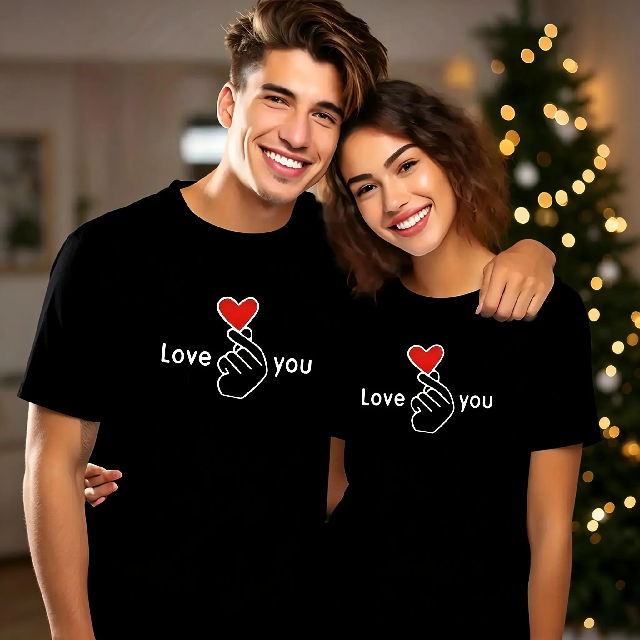 Matching Couple Love You Finger Heart Graphic T‑Shirts Set, 100% Cotton His & Hers Casual Short Sleeve Tees for Anniversary Valentine’s Day