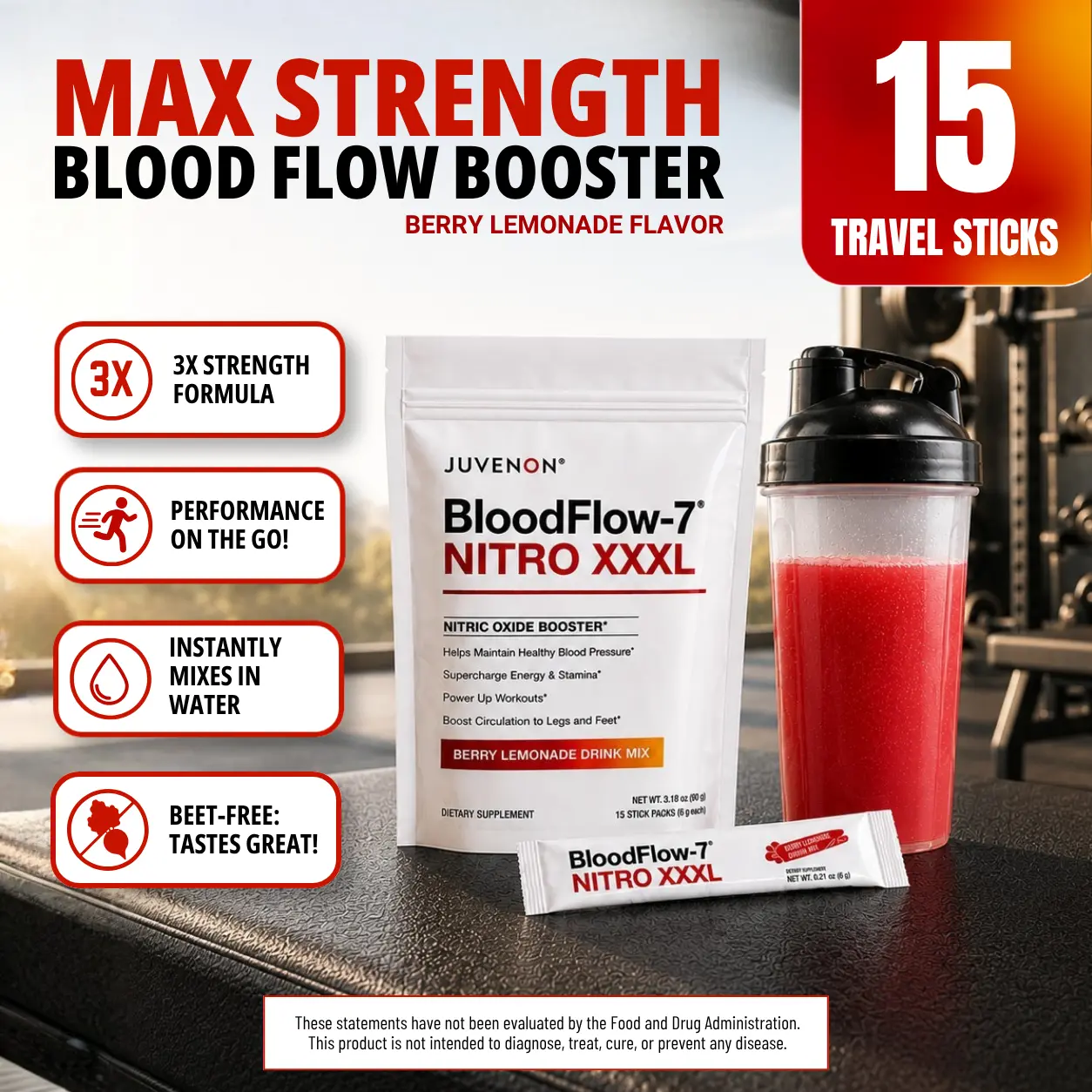 Juvenon BloodFlow-7 Nitro XXXL Travel Sticks – Nitric Oxide Drink Mix Stick Packs with 1500mg Nitrosigine – On-The-Go Blood Flow & Circulation Support – No Beets, Mixes in Water – 15 Single-Serve Packets