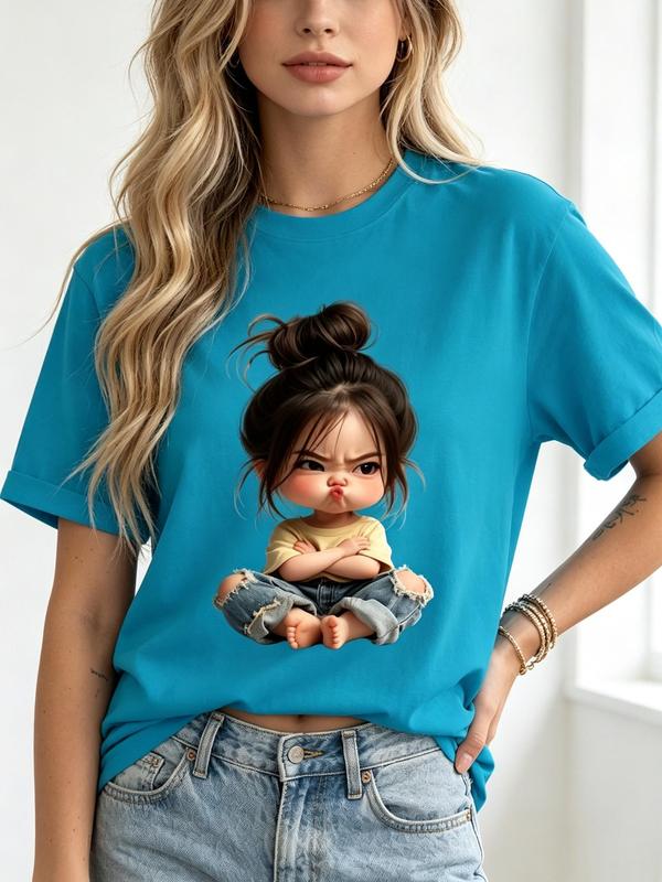 Lady's Casual Crewneck T-Shirt - Aesthetic Graphic Print, Soft Cotton Fabric, Fitted Short-Sleeve Crewneck Casual Tops for Daily Wear, Beach Use