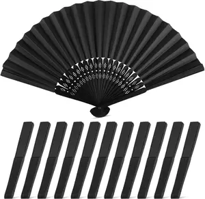 12 Packs 8.2 Inch Black Chinese Paper Foldable Hand Fan for Women - Wedding, Bridal Shower, Outdoor Party Favors, DIY Home Decor