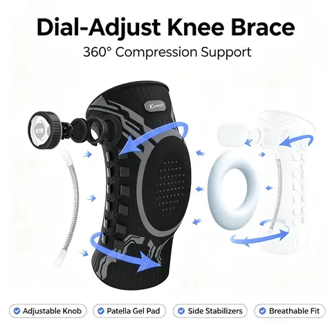 Knob Knee Brace for Pain Relief with Patella Gel Pad & Side Stabilizers, Adjustable Compression Sleeve for Arthritis, Joint Pain, Meniscus Tear, Professional Dial System, Left/Right Specific Design