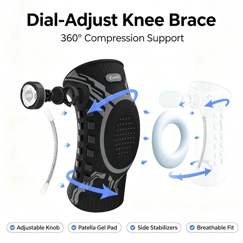 Knob Knee Brace for Pain Relief with Patella Gel Pad & Side Stabilizers, Adjustable Compression Sleeve for Arthritis, Joint Pain, Meniscus Tear, Professional Dial System, Left/Right Specific Design