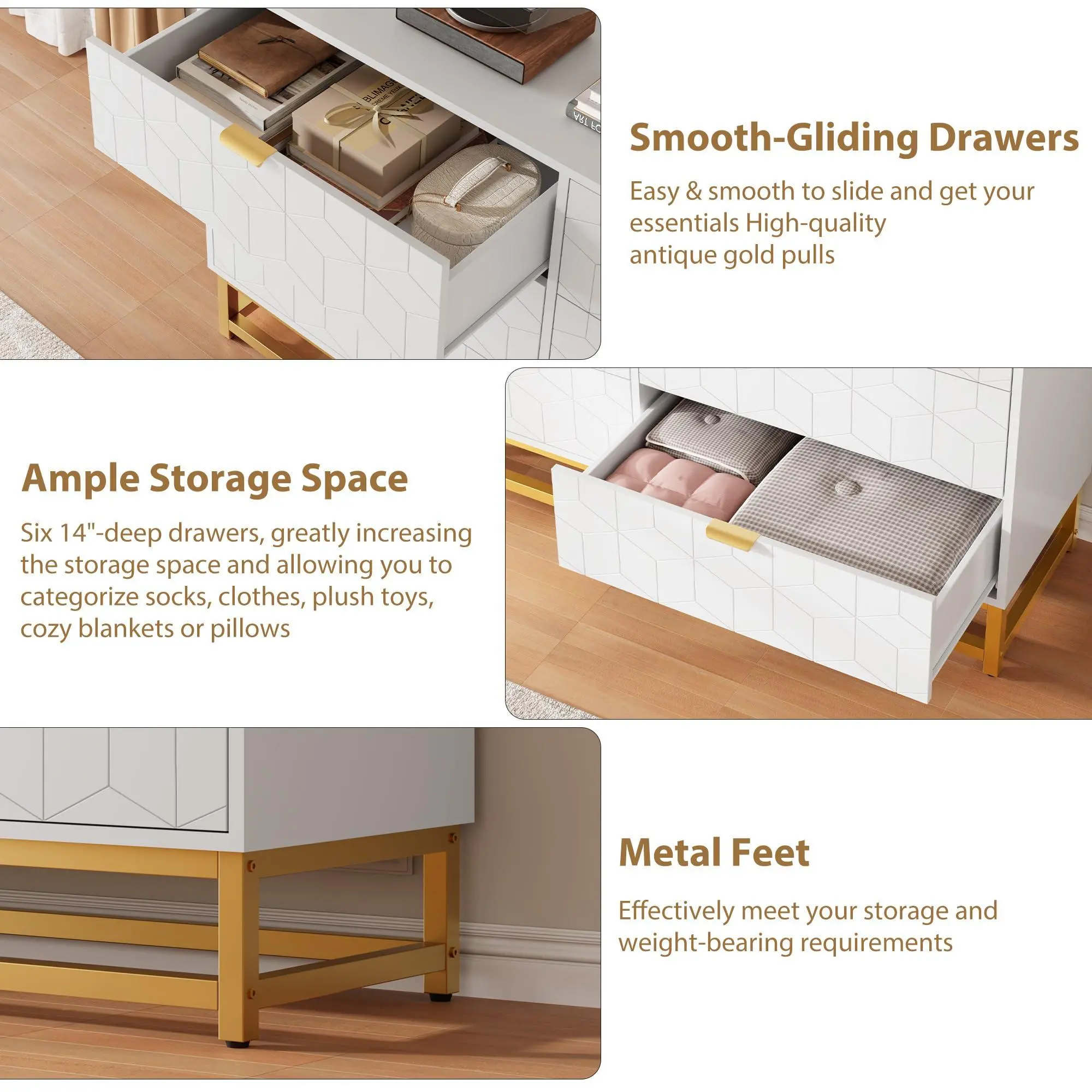 White 6 Drawer Dresser for Bedroom,53.5 Large Dresser with Metal Legs,Modern  Chest Organizer with Wide Storage,Chest of Drawers for Bedroom,Living  Room,Entryway - TikTok Shop