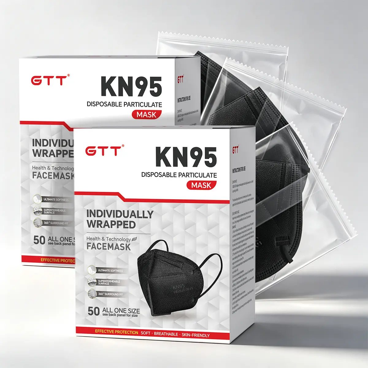 GTT KN95 Adult Disposable Cover, 50-Piece Pack, 5-Layer Breathable Design, 95%+ Filtration Efficiency, Unisex, for Construction Dust Protection