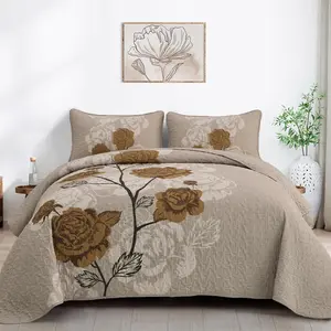 Floral Quilt Set  Size,Elegant Brown Floral Printed Bedspread Coverlet 3 count Soft Microfiber Bedding Set with 2 Pillowcases for All Season(96"x90")